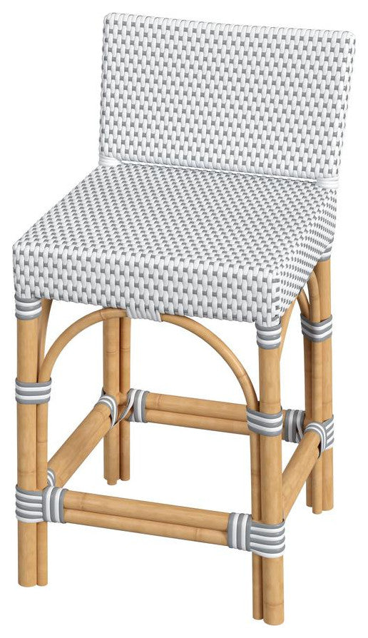 Serienna Rectangular Rattan Low Back 24.5 Counter Stool, White and Gray