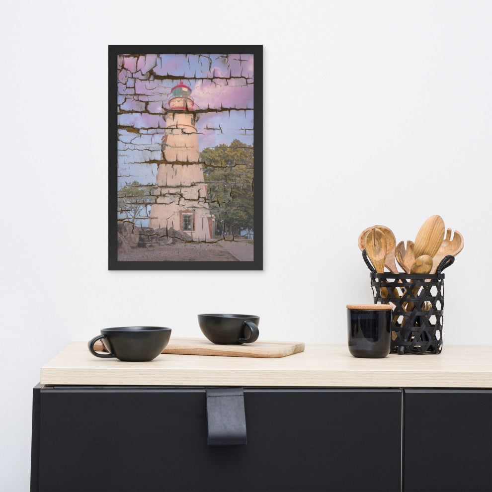 Faux Wood Texture Marblehead Lighthouse at Sunset Framed Photo Wall Art Print, Black, 12" X 18"