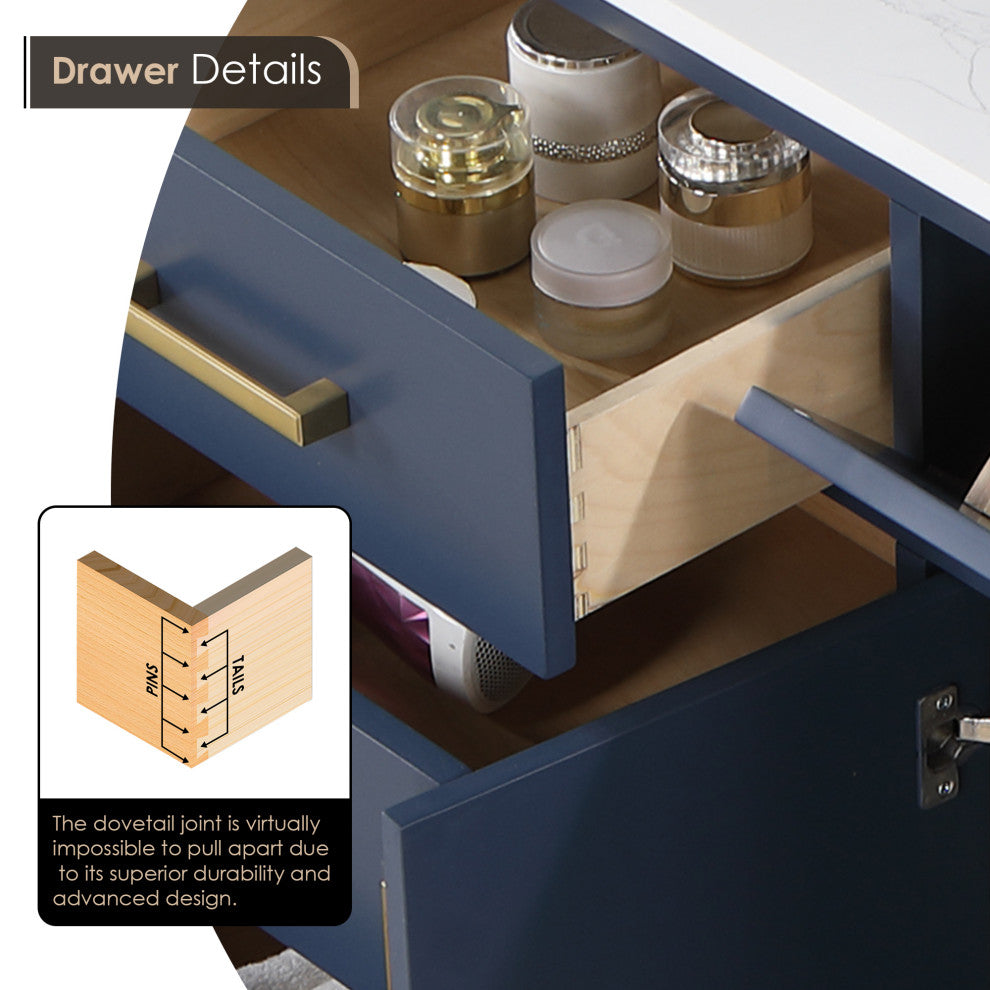Gavino Vanity with Grain White Composite Stone Top, Royal Blue/Brushed Gold, 54", with Mirror