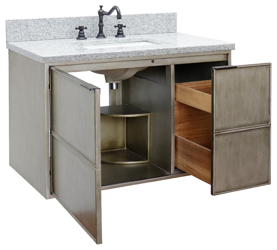 37" Single Wall Mount Vanity, Linen Brown Finish With Gray Granite Top