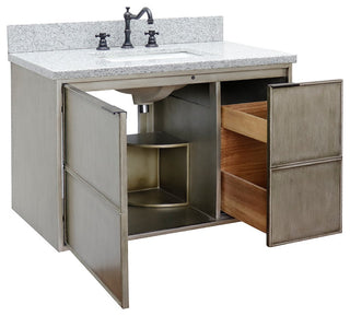 37" Single Wall Mount Vanity, Linen Brown Finish With Gray Granite Top