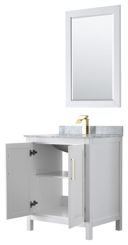 30"SGL Bathroom Vanity, White, Carrara Countertop, Sink, 24" Mirror, Gold Trim