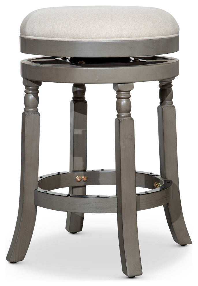 DTY Palmer Lake Swivel Stool, Weathered Gray/ Beige Fabric Seat, 24" Counter Stool