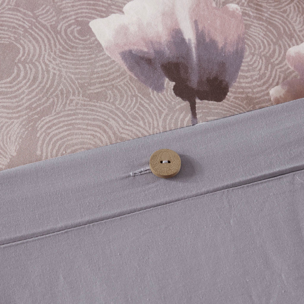 N Natori Sakura Blossom 3 Piece Cotton Sateen Printed Duvet Cover Set, Lilac