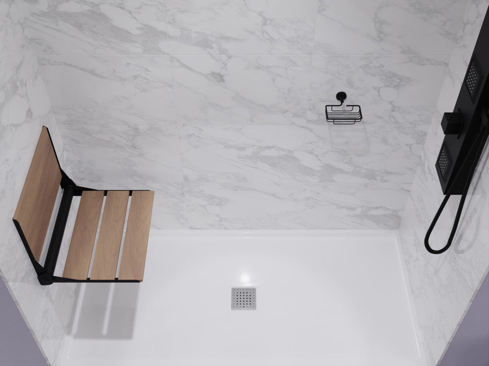 Saxon 17 in. Teak Wall Mounted Folding Shower Seat, Matte Black