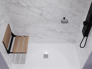 Saxon 17 in. Teak Wall Mounted Folding Shower Seat, Matte Black