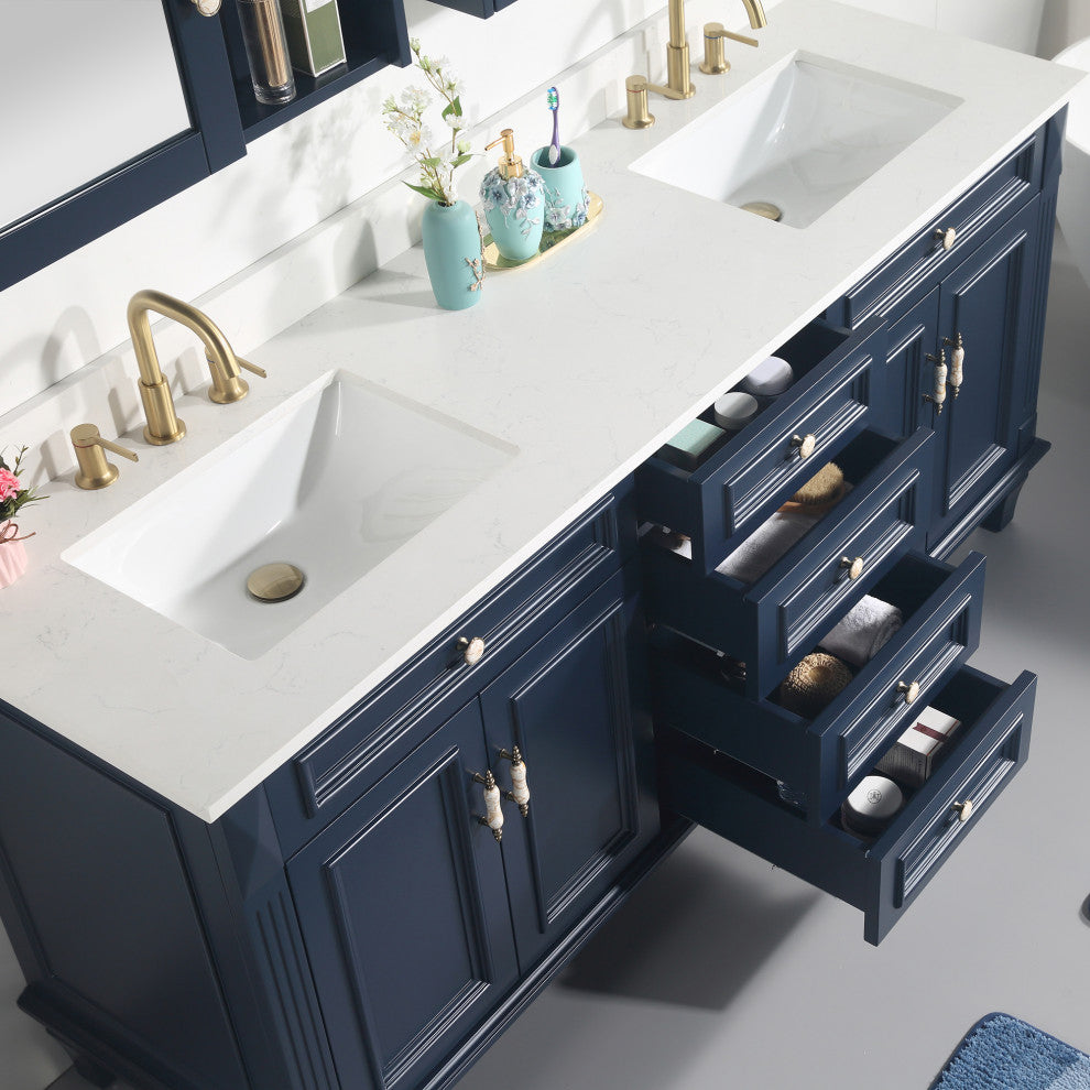 Solid Wood Bathroom Vanity with Quartz Top and cUPC Certified Sink, Navy Blue, 72 Inch