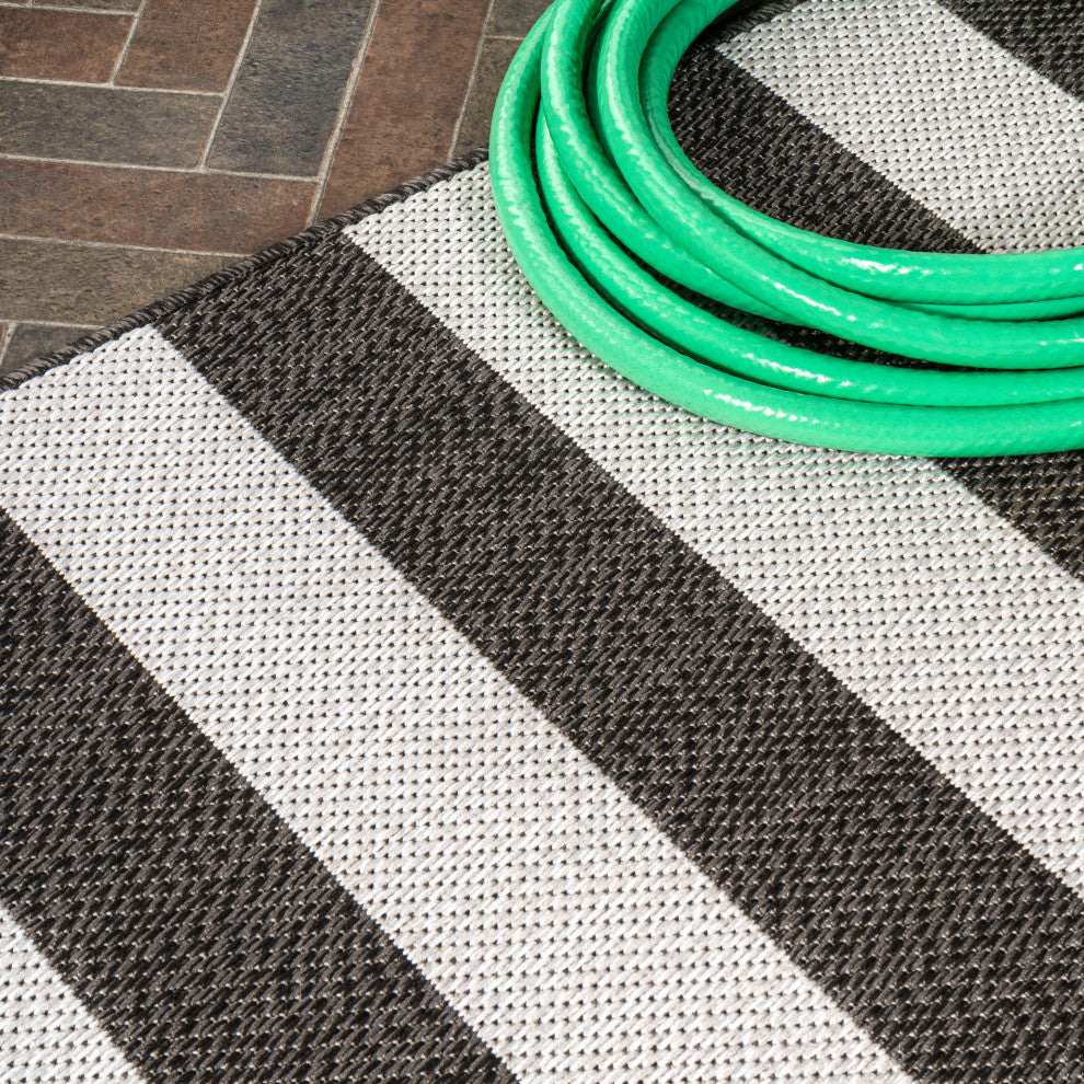 Negril Two-Tone Wide Stripe Indoor/Outdoor Area Rug, Black/Cream, 8x10