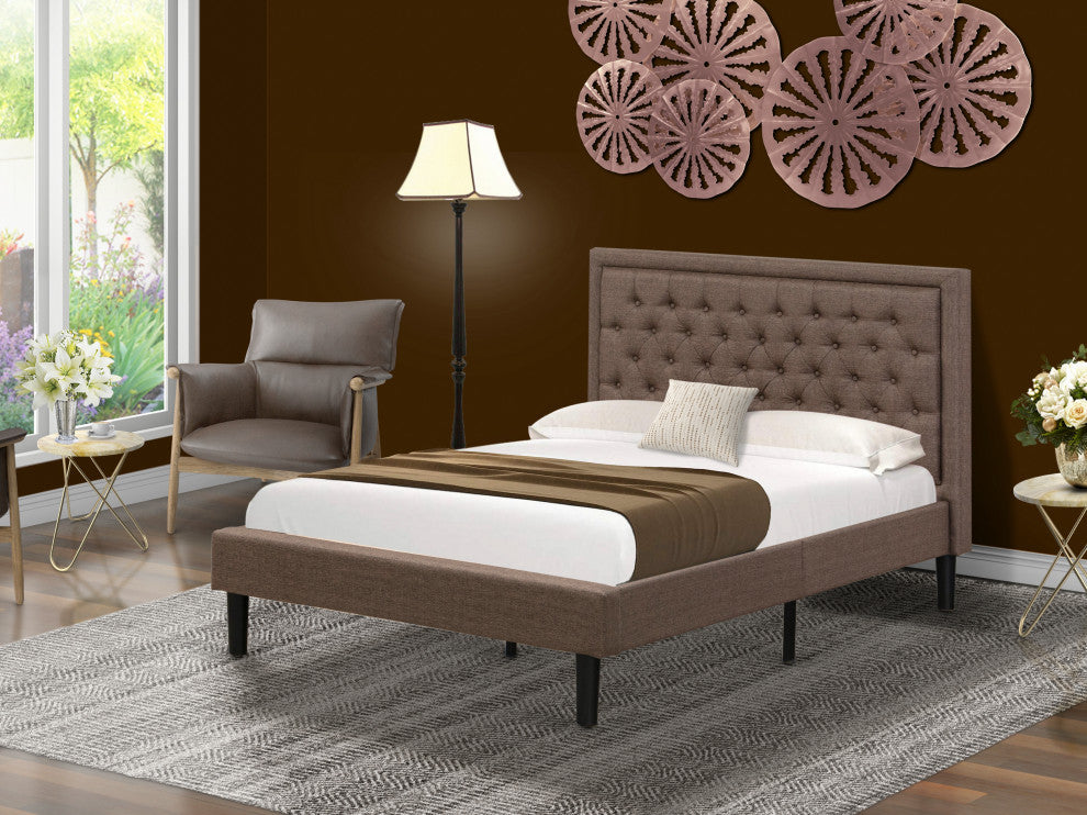 Platform Full Bed Frame Brown Upholestered Bed Headboard,Black Legs