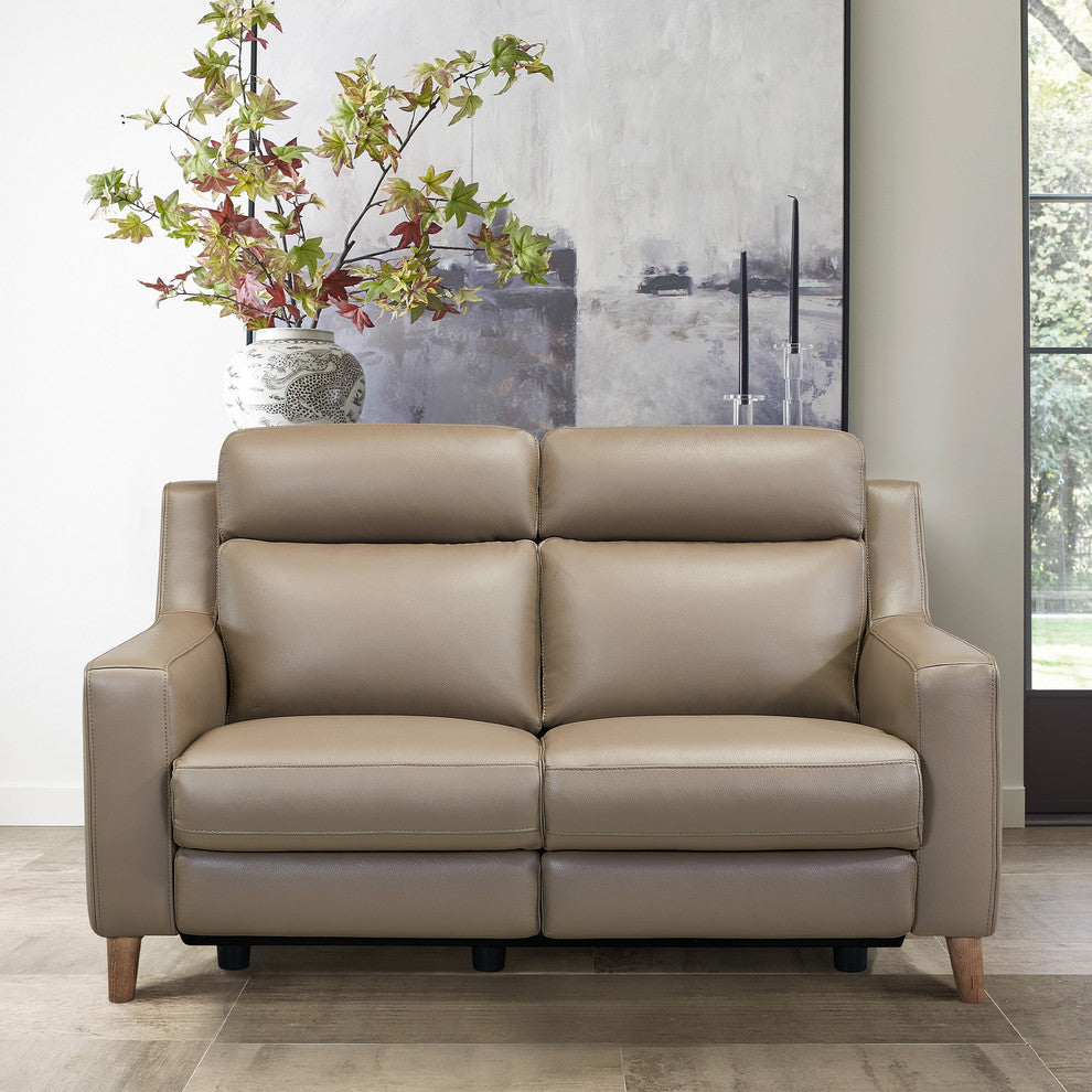 Wisteria Loveseat In Light Brown Wood Finish And Taupe Genuine Leather