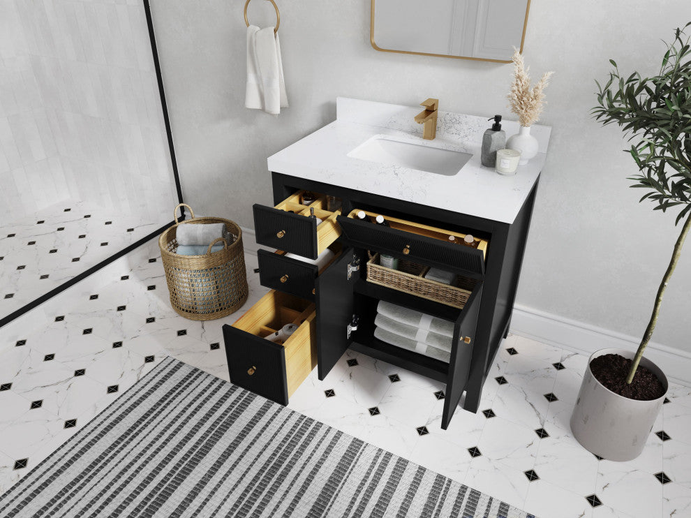 Sonoma 36 Center Sink Reeded Bath Vanity in Black 2" Calacatta Nuvo