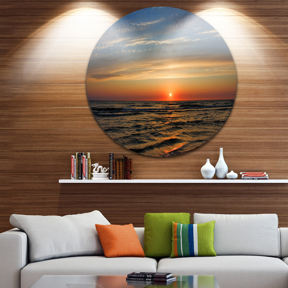 Red Sunset With Dark Ocean Waves, Seashore Round Metal Wall Art, 23"