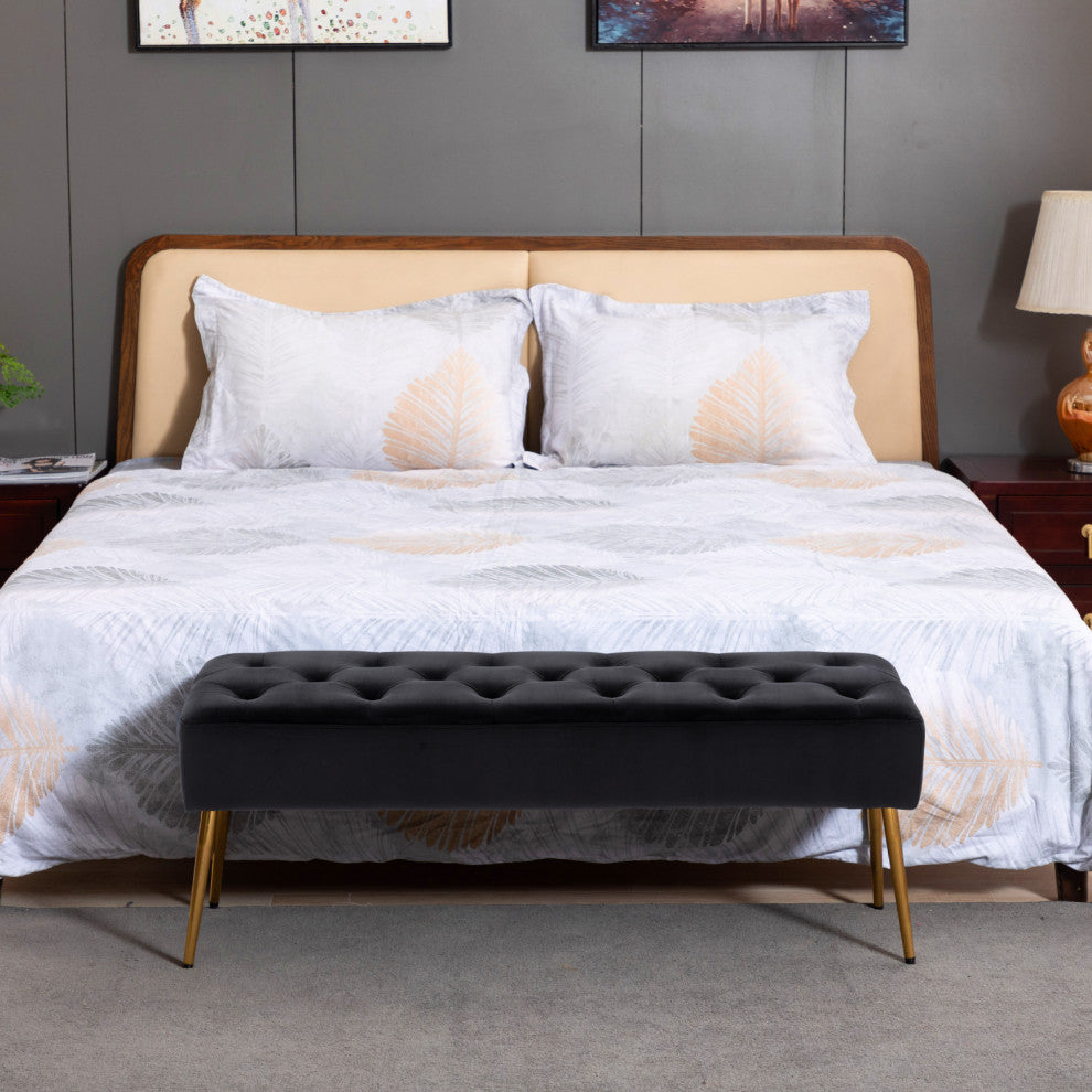 Button Tufts Bedroom Bench, Black-Velvet