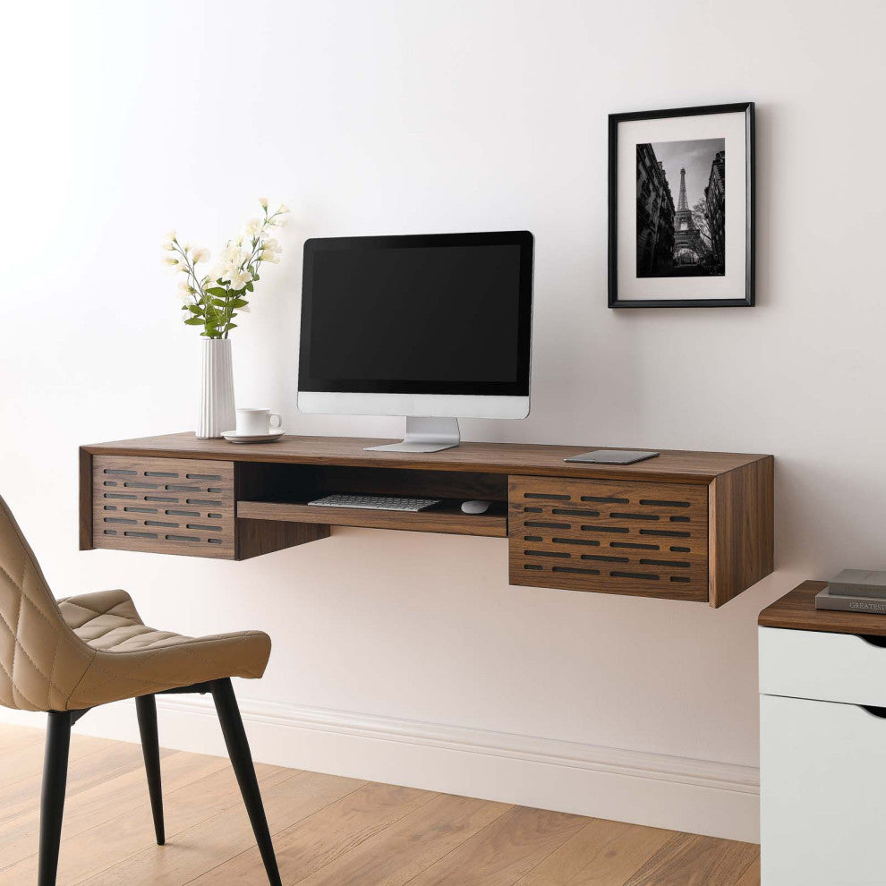 Merit 60" Wall Mount Wood Office Desk, Walnut