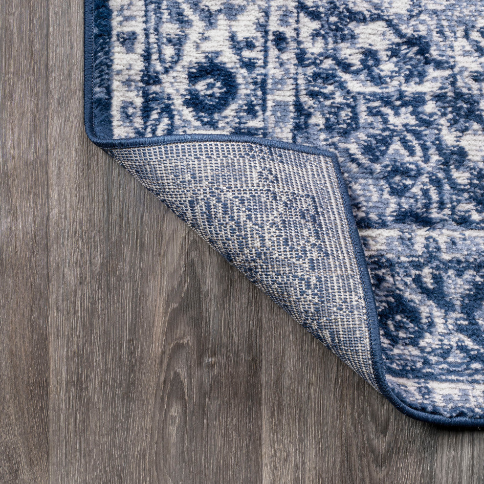 Rosalia Cottage Medallion Area Rug, Dark Blue/Ivory, 2'x8'