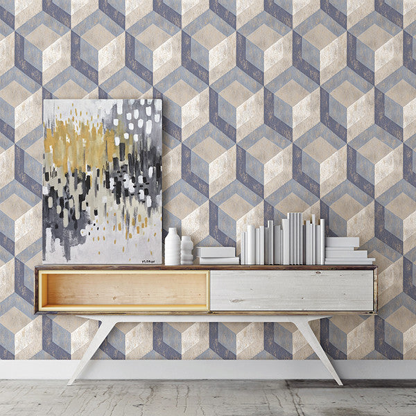 Rustic Wood Tile Geometric Wallpaper, Blue, Sample