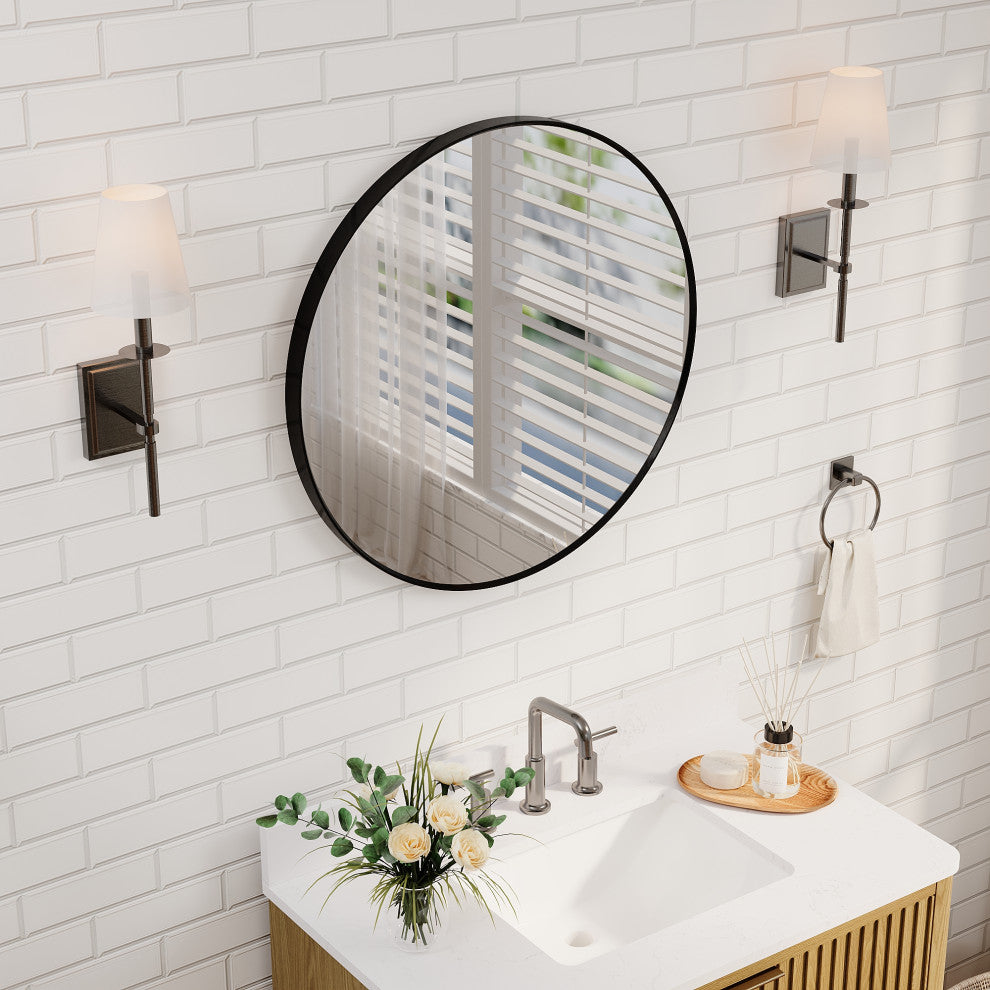 Bella Round Anodized Aluminum Wall Vanity Mirror, 28"x28", Matte Black