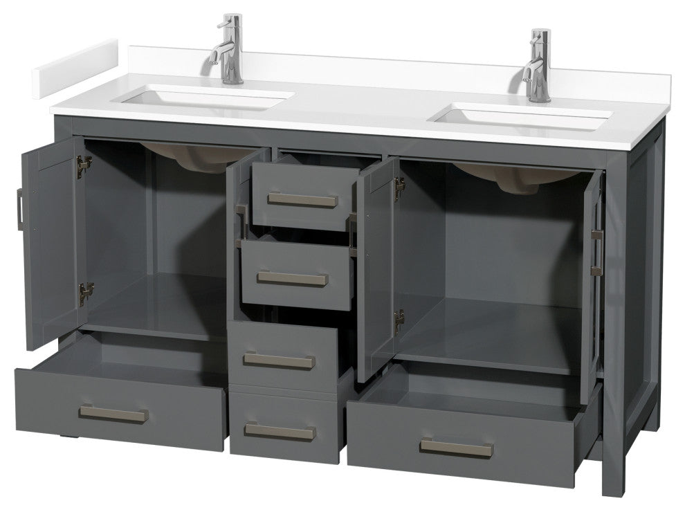 60" Double Bathroom Vanity Dark Gray, White Cultured Marble Countertop, Sinks