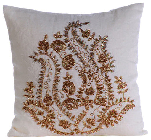 White Cotton Linen 26x26 Indian Paisley Euro Pillow Shams, Gold Magical Garden