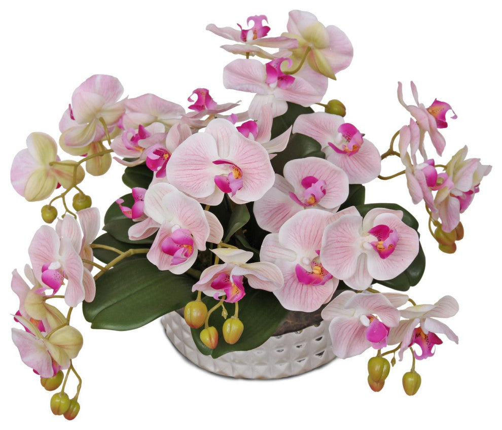 Real Touch Pink Orchid Flower Arrangement, Silver Glass Round Bowl