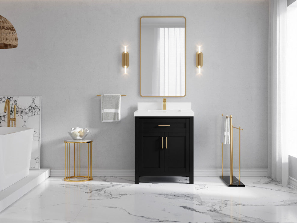 Cambridge 30 Single Sink Bath Vanity in Black 2" White Quartz