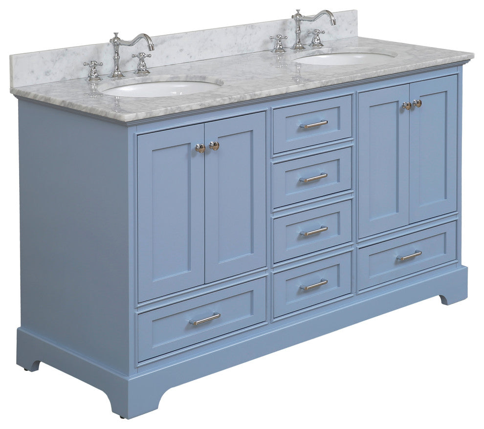 Harper 60" Bathroom Vanity, Powder Blue, Carrara Marble, Double