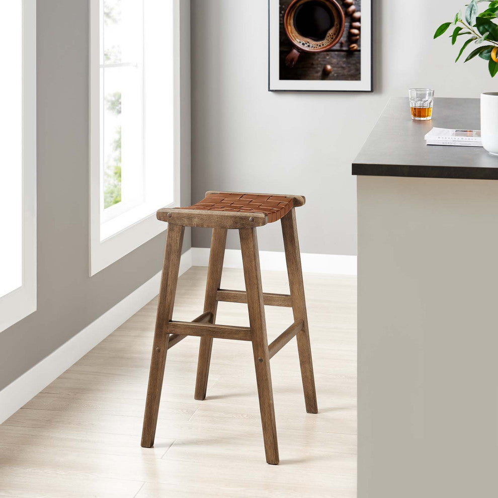 Saoirse Faux Leather Wood Bar Stool, Set of 2, Walnut Brown