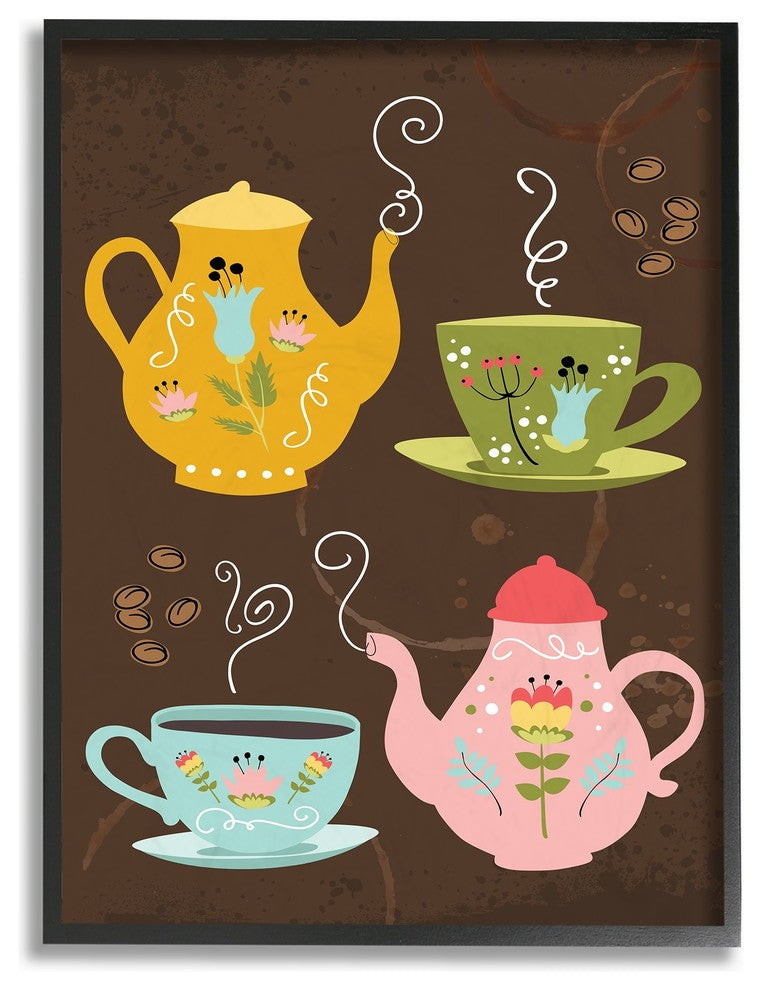 Kettles & Coffee Cups Chalkboard Look Oversized Framed Giclee Art, 16"x20"
