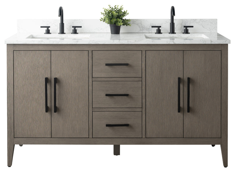 Vanity Art Bathroom Vanity With Sink, Driftwood Gray, 60", Double Sink, Matte Black