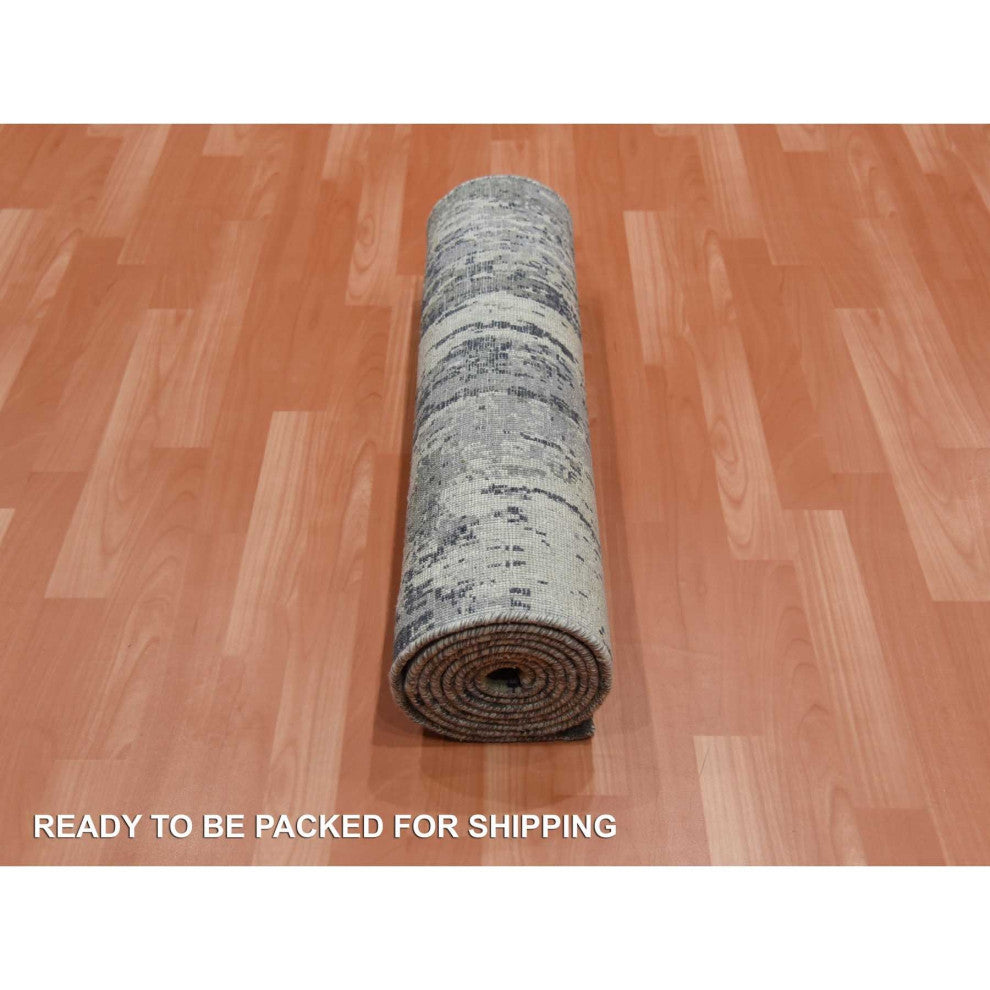 Charcoal Gray Wool and Silk Denser Weave Hand Knotted Runner Rug, 2'7"x10'3"