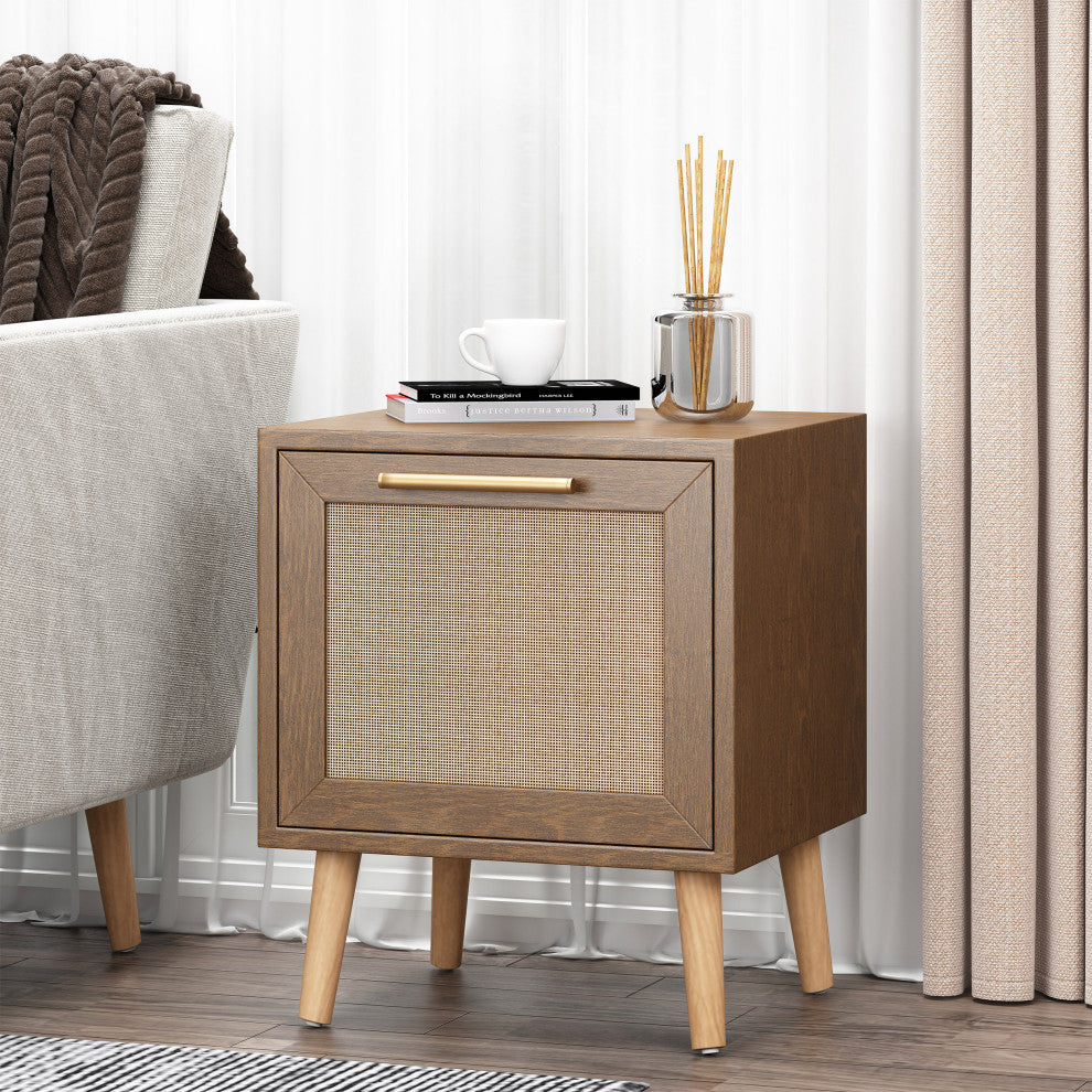 Pilster Contemporary End Table with Storage, Walnut, Natural, and Antique Gold