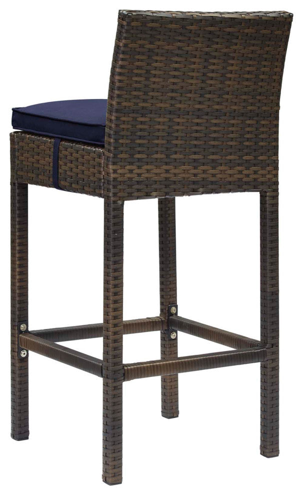 Modern Outdoor Bar Stool Chair, Set of Four, Fabric Rattan, Brown Navy Blue