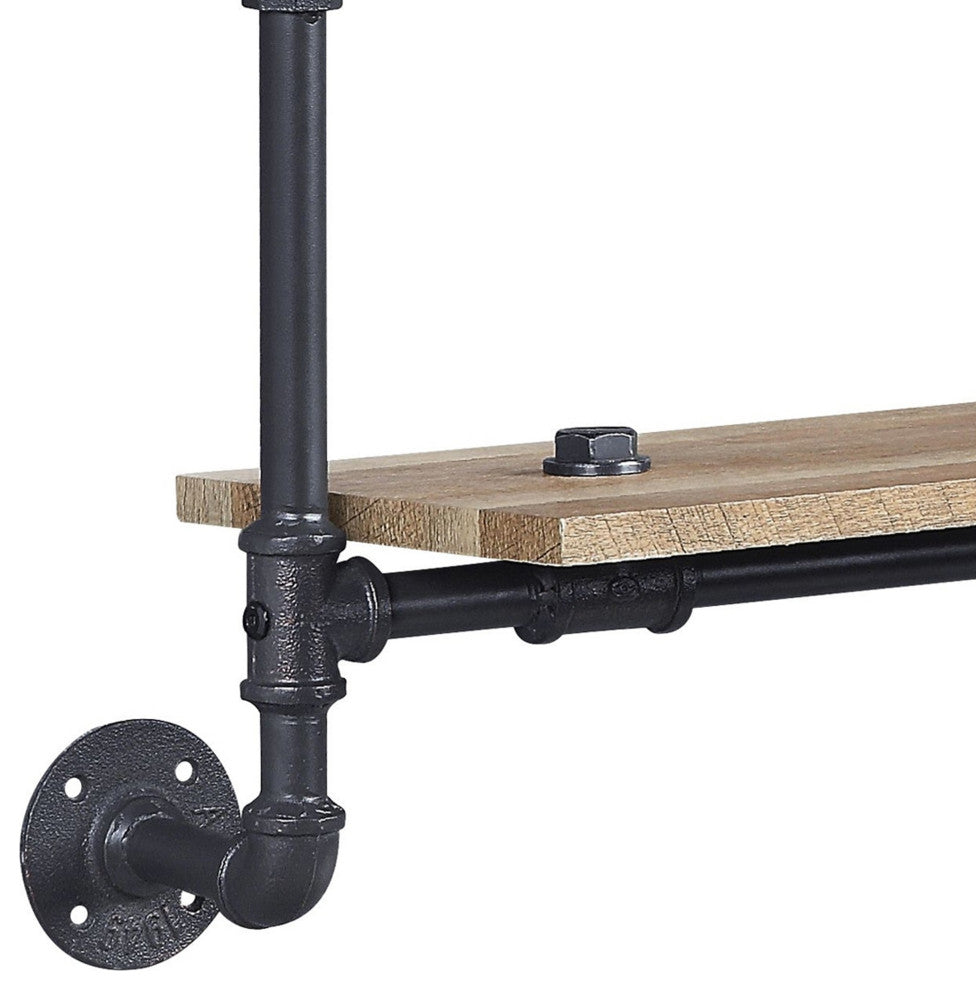 Benzara BM275482 Wood Wall Mount Double Shelf, Metal Pipe Design, Brown/Black