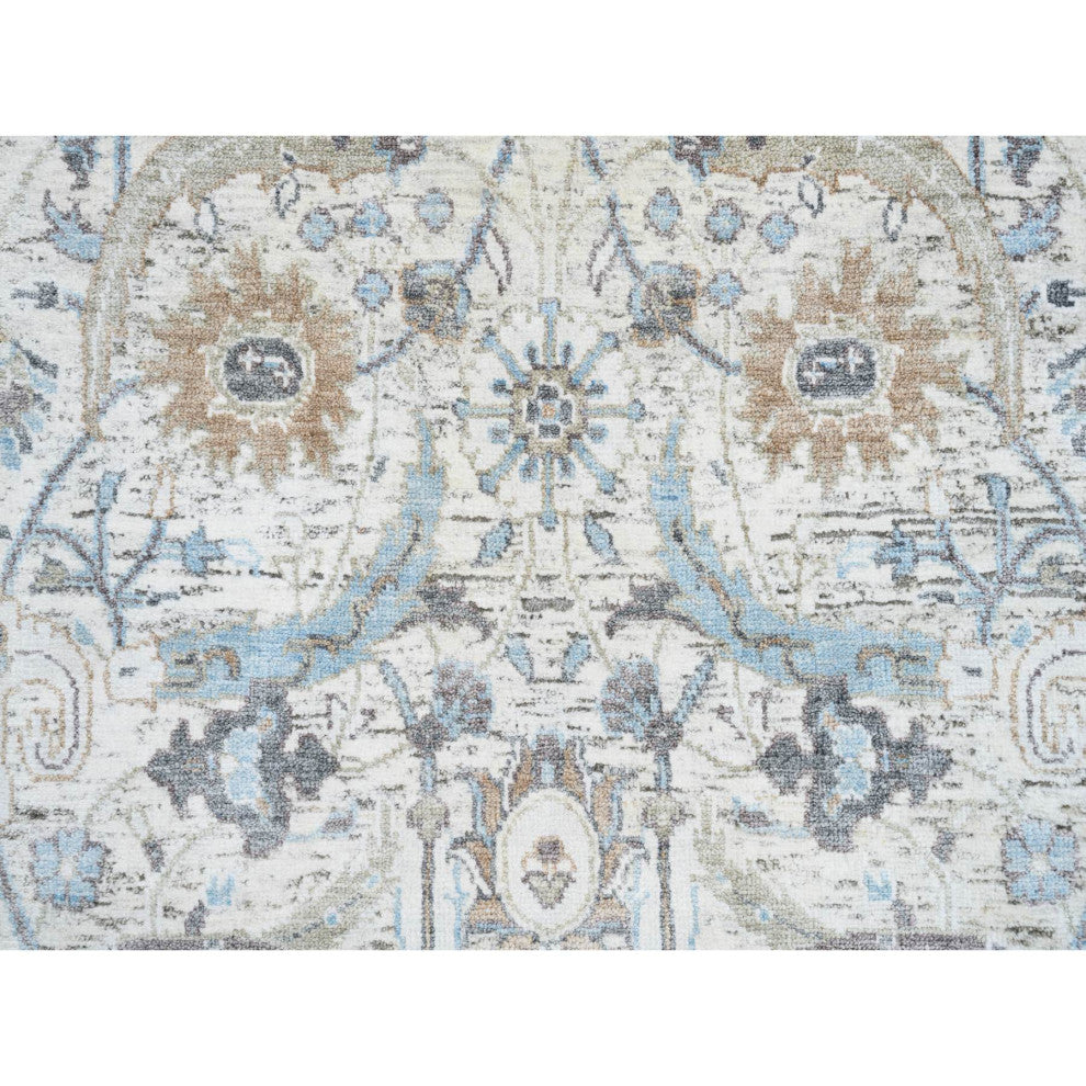 Ivory Silk With Wool Hand Knotted Sickle Leaf Design XL Runner Rug, 2'6"x18'1"