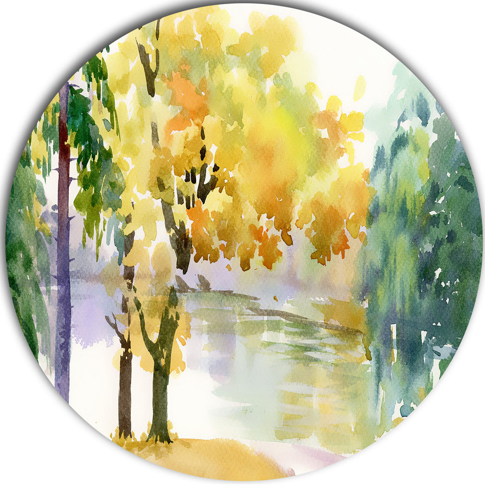 Beautiful Autumn Forest Watercolor, Landscape Disc Metal Artwork, 11"