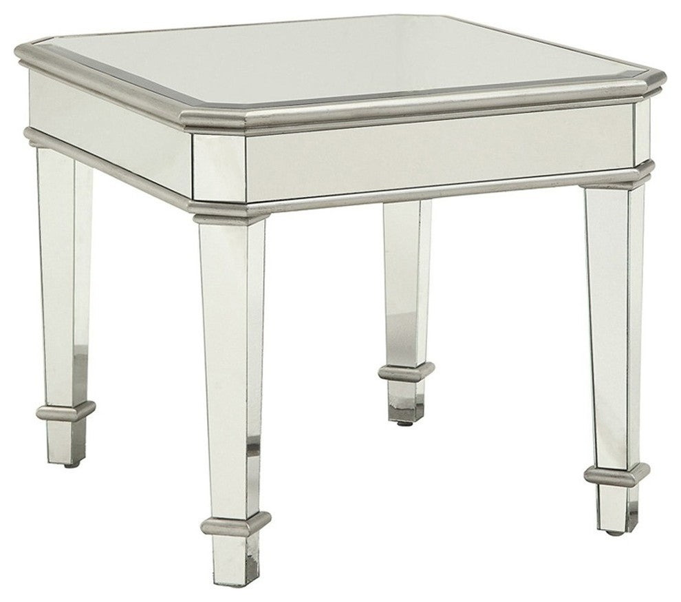 Benzara BM184921 Mirrored Wooden End Table With Beveled Edges, Silver