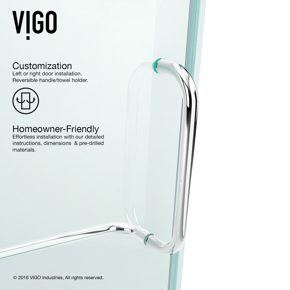 VIGO Pirouette 30" to 36" W x 72" H Frameless Pivot Shower Door, Chrome, Clear Glass