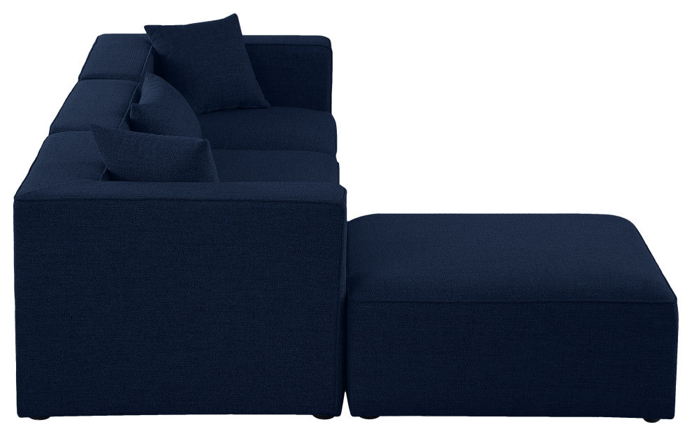 Cube Upholstered Modular Sectional, Navy, 4-Piece: 1 Armless Chair, 2 Corner Chair, 1 Ottoman, Linen Texured Fabric
