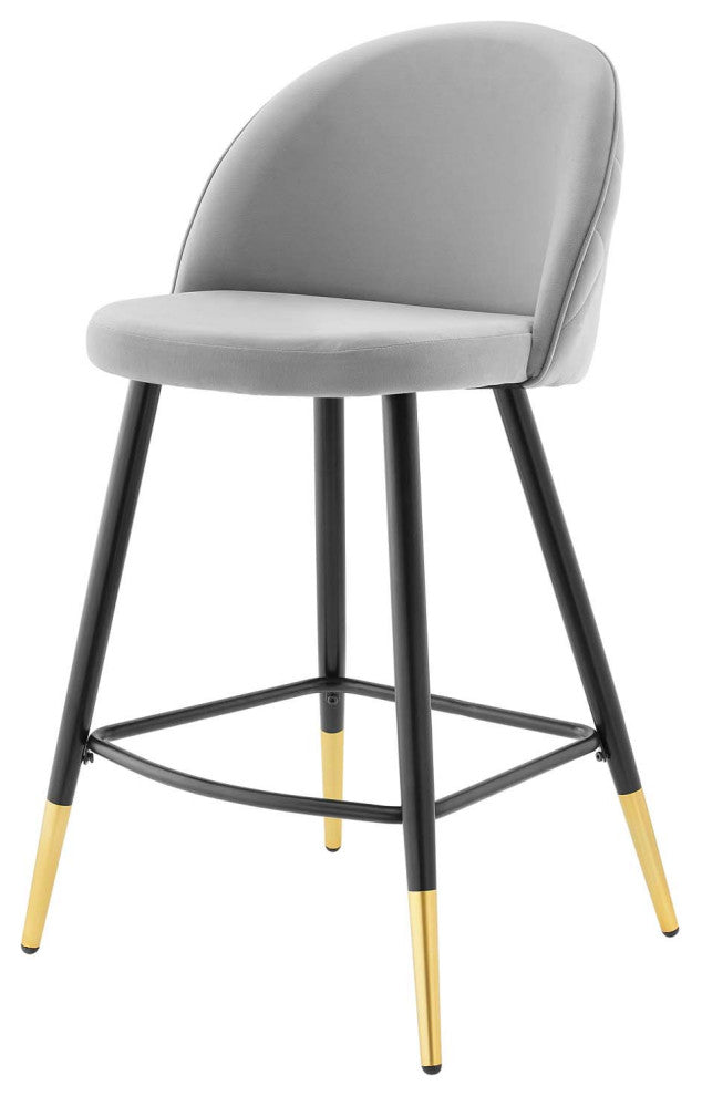 Counter Stool Chair, Set of 2, Velvet, Metal, Gray, Modern, Bar Pub Bistro