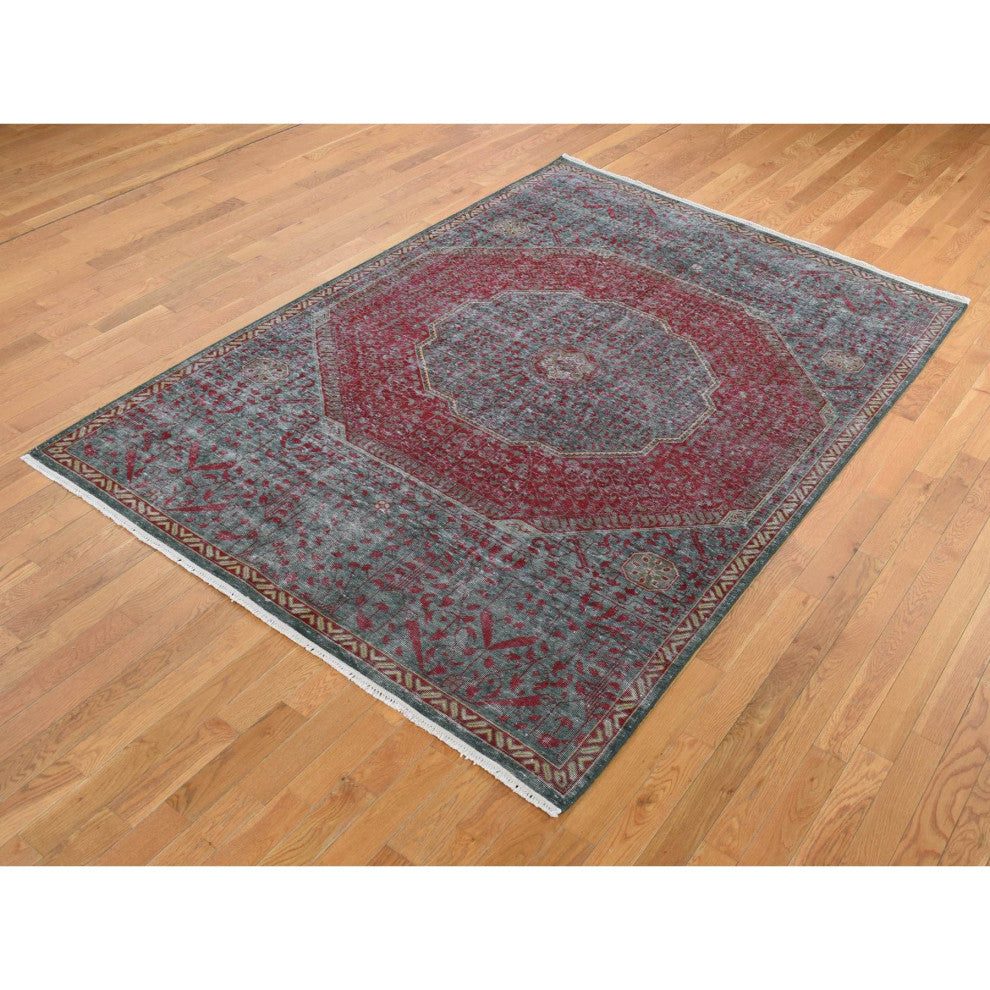 Green, Vintage Look Mamluk, Zero Pile, Worn Wool, Hand Knotted Rug, 6'x9'