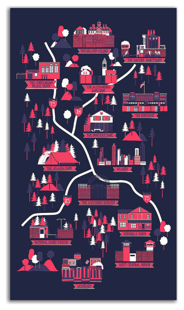 "The Walking Dead Map" by Robert Farkas, Print on Canvas, 14"x26"