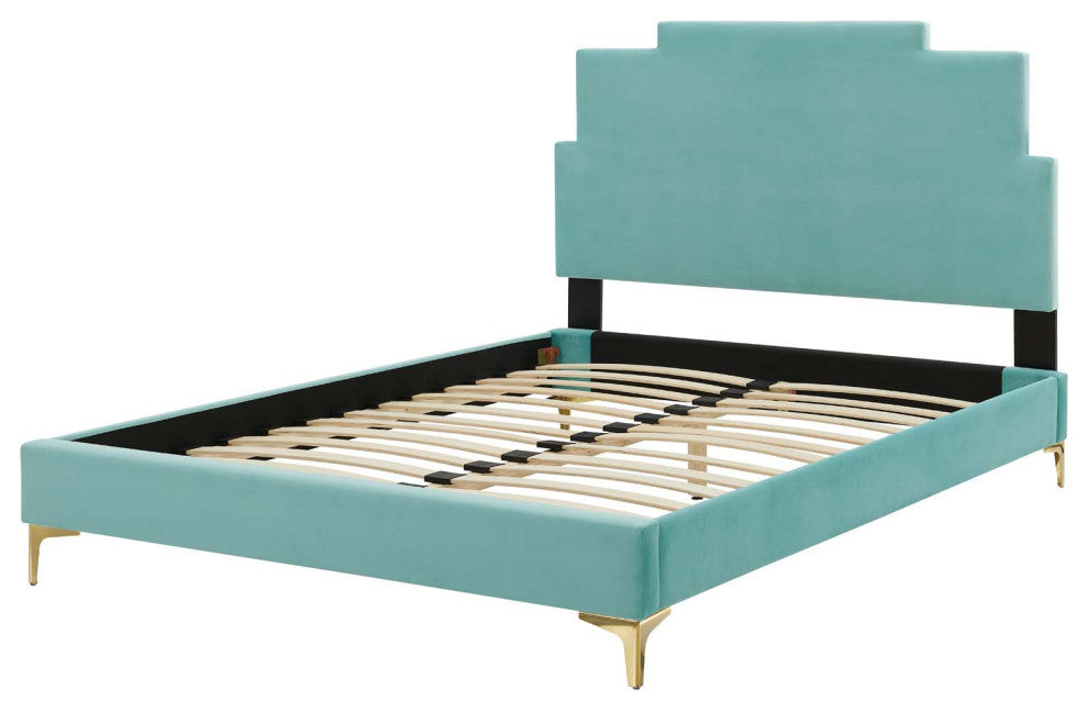 Platform Bed Frame, Queen Size, Velvet, Blue, Modern Contemporary, Bedroom