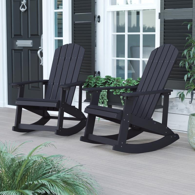 Savannah All-Weather Poly Resin Wood Adirondack Rocking Chair- Set of 2, Black