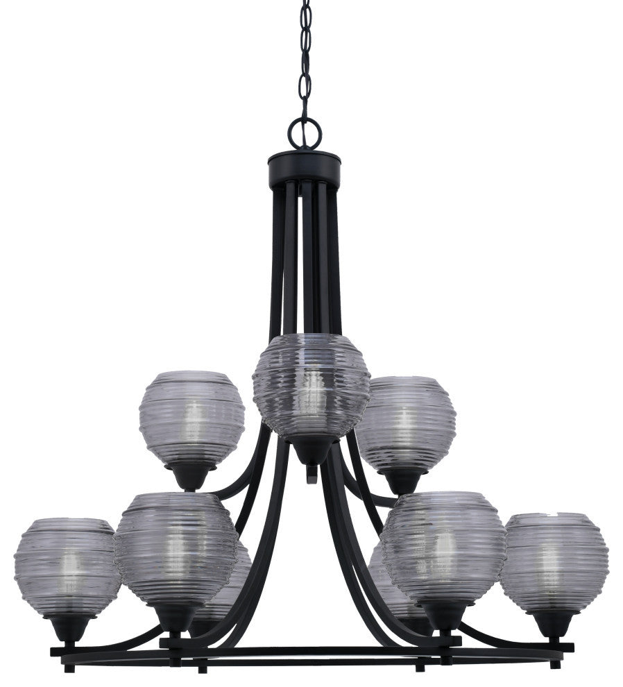 Paramount 9-Light Chandelier, Matte Black, 6" Smoke Ribbed Glass