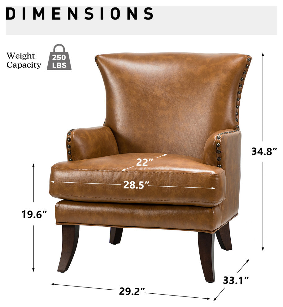 Classic Wooden Upholstered Leather Armchair, Camel