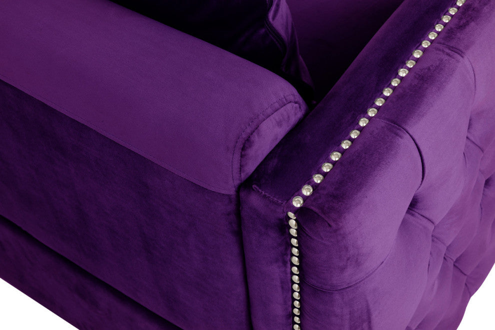 Bayberry Velvet Sofa With 3 Pillows, Purple