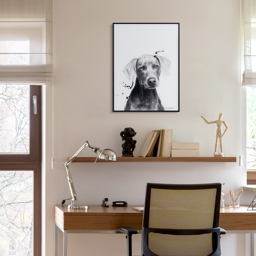 "Weimaraner" Black and White Pet Art on Printed Glass with Anodized Frame