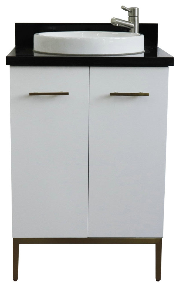 25" Single Sink Vanity, White Finish With Black Galaxy Granite And Round Sink