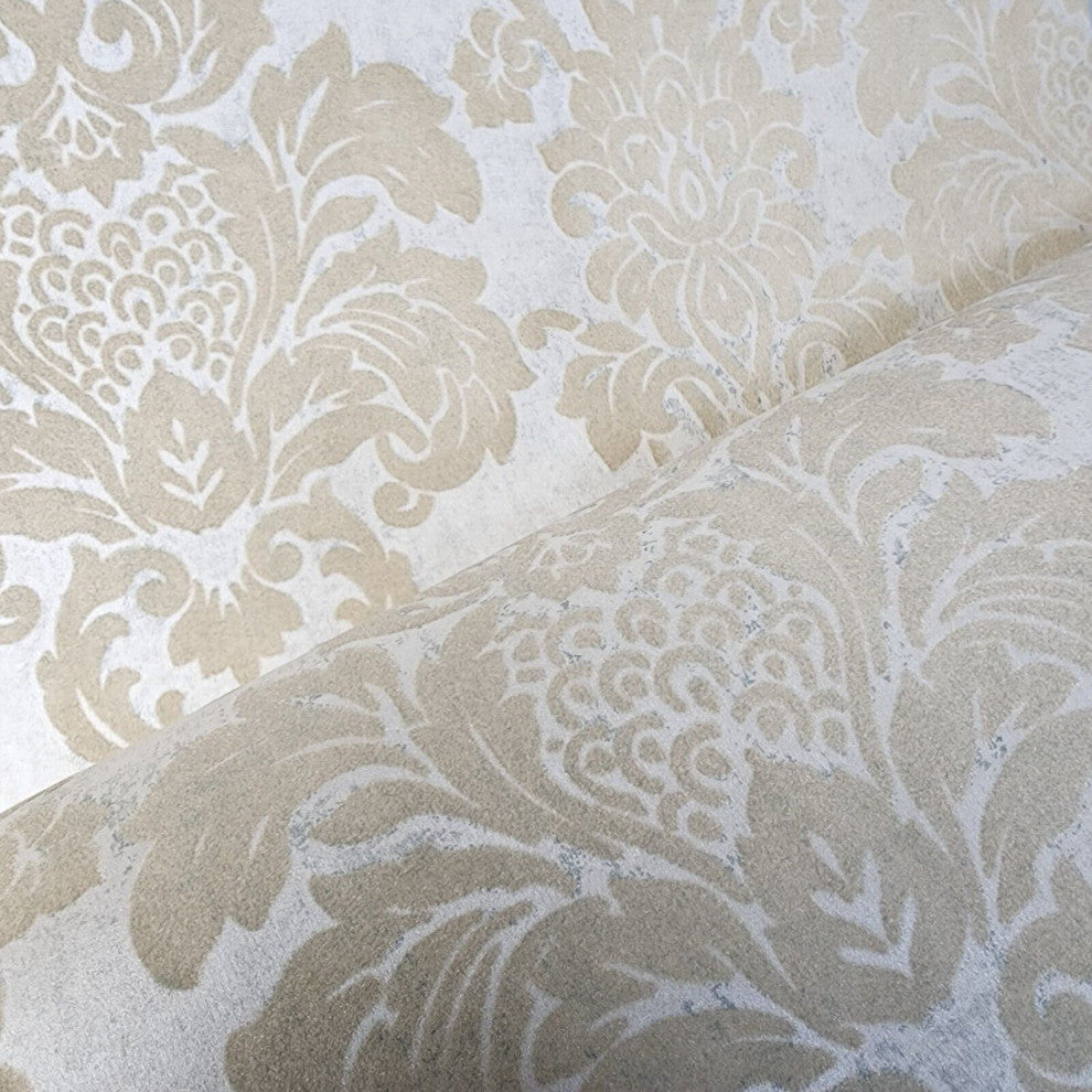Wallpaper flocking rustic beige Flocked vintage damask velvet wallcoverings roll, Double Roll 57.4 Sq.ft
