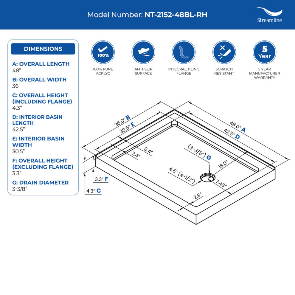 Streamline NT-2152-48BL-RH 48"x36" Shower Base, Drain Included